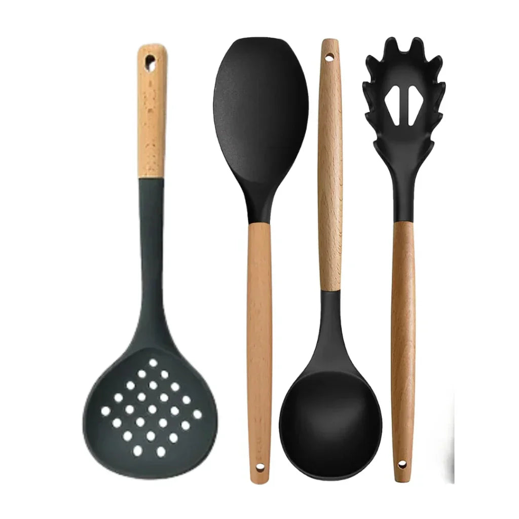 Ensemble de 4 Ustensiles en Silicone & Bois | Cuisine